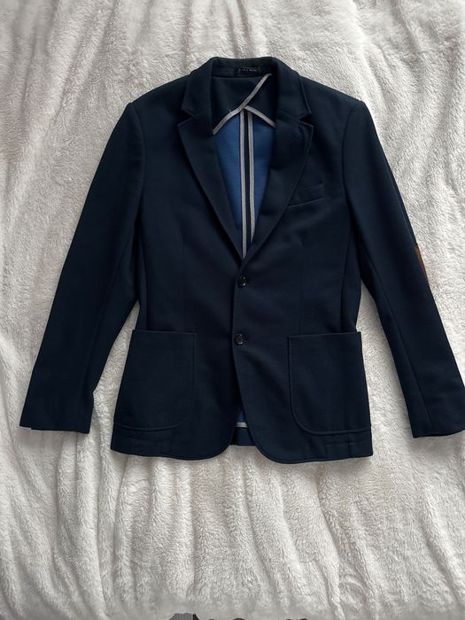 Marynarka męska granatowa ZARA rozmiar 48 z brązowymi łatkami