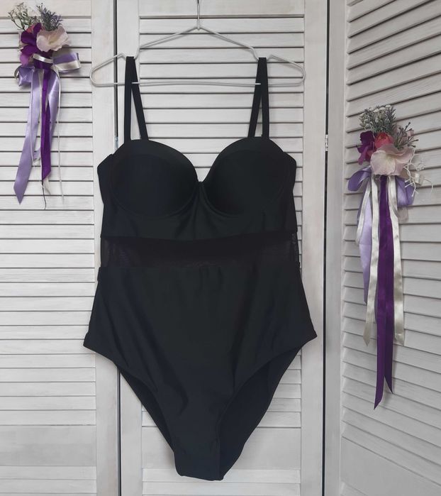 Стильный батал черный купальник сдельный, цельный с пуш ап shein