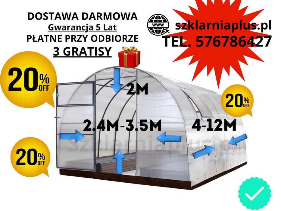 Szklarnia tunelowa 2m/4m/6m.. poliwęglan 4/6mm Mocna! darmowa dostawa