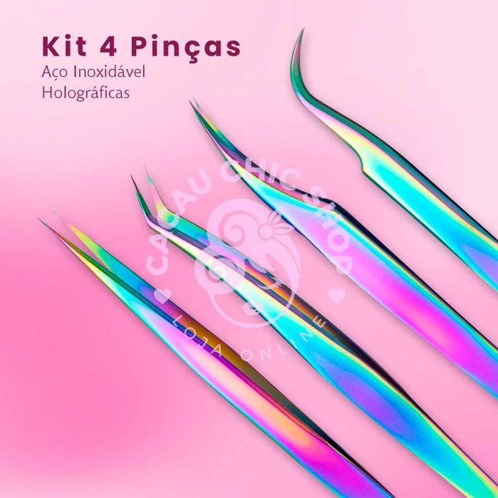 Kit 4 Pinças Aço Inoxidável Holográficas -  Extensão de Pestanas