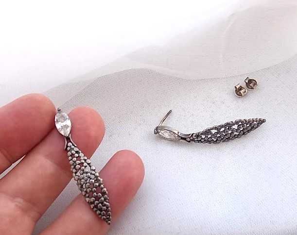 Piękne kolczyki srebrne kryształ górski ażurowe antyk