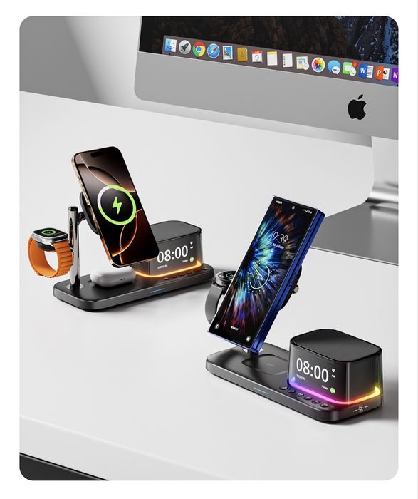 Бездротова зарядка 5 в 1 для смартфона Samsung Galaxy Watch Galaxy Buds , Apple Watch, iPhone, AirPods Беспроводная 30w Док-станция с подсветкой
