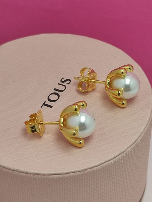 Kolczyki z misiem żółte srebro 925 z perłami 8 mm