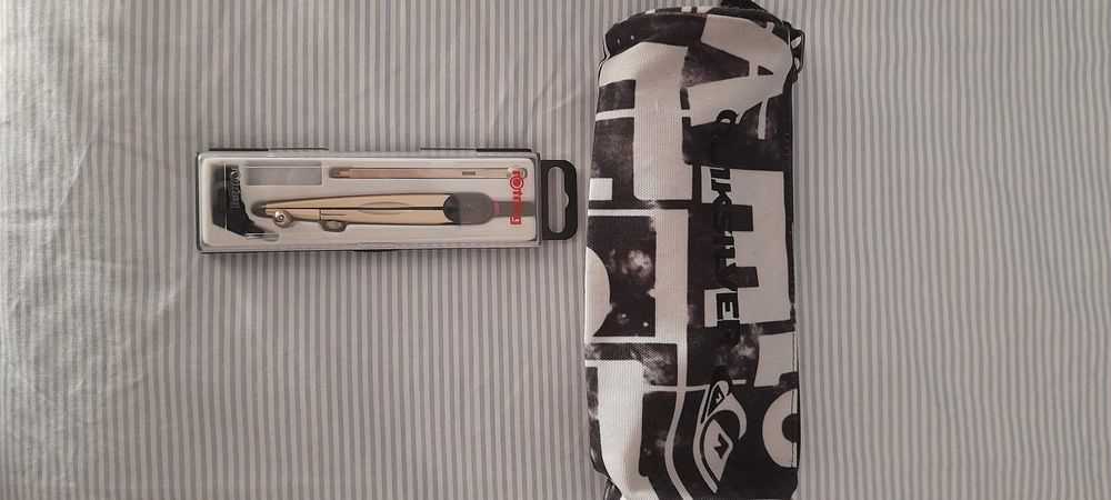 Estojo de lápis e canetas Quicksilver e compasso Rotring