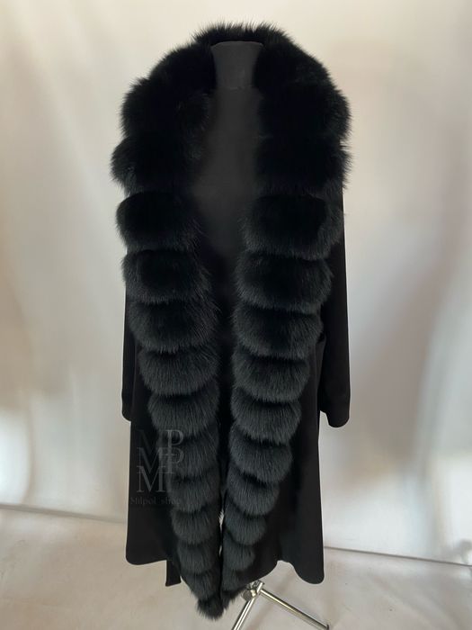 Жіноче чорне кашемірове пальто з натуральним хутром песця, 42-54 рр