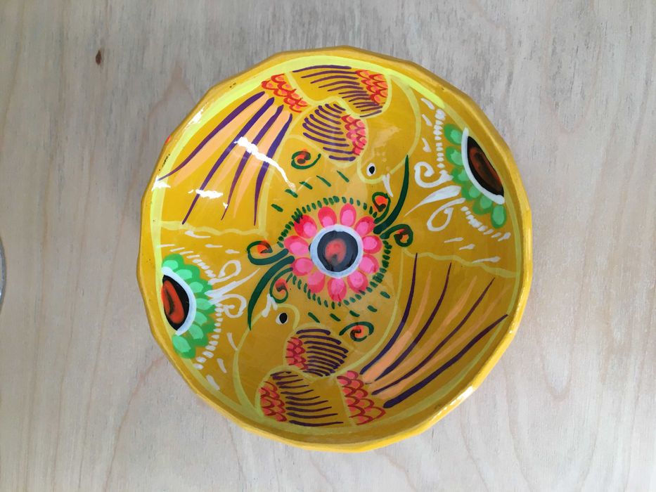 Pequena taça, tigela cerâmica vidrada, pintada à mão, mexicana, nova
