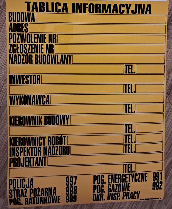 Tablica informacyjna budowy 90x70 lub 120x70