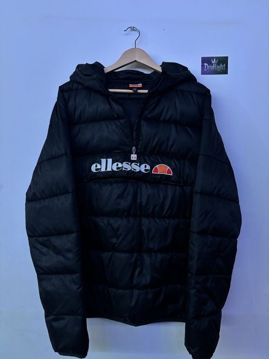 Ellesse black hooded puffer jacket zip logo printed