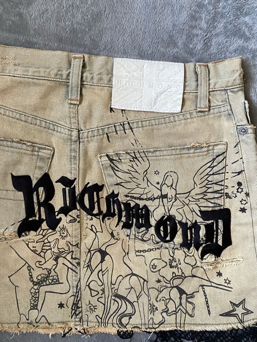 джинсова міні спідниця john richmond denim оригінал | y2k гранж вінтаж з принтом та мереживом
