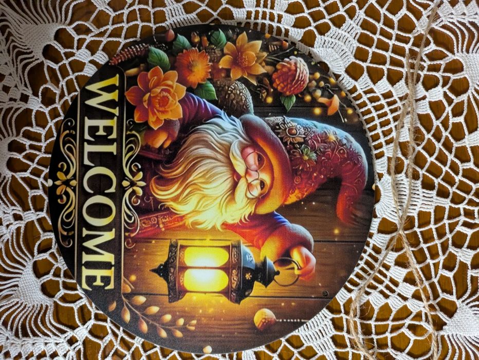 Tabliczka z napisem Welcome z krasnalem, świąteczna drewniana, nowa