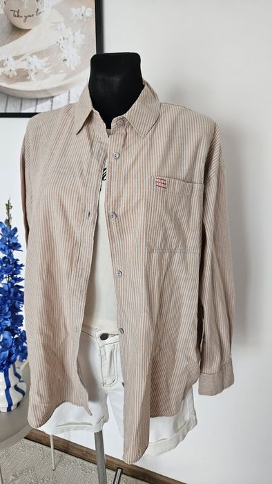 Klasyczna beżowo- ceglata koszula w paski oversize rozmiar XS