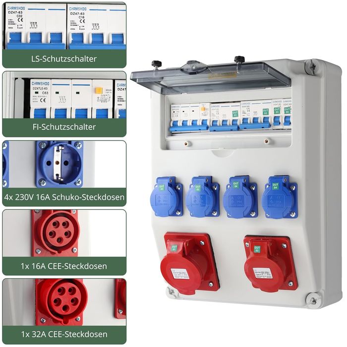 EYPINS Rozdzielacz budowlany IP66 4x230V + CEE 32/16A z LS+FI