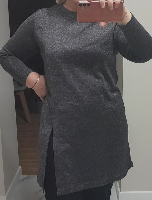 Tunika sukienka Bialcon wieczorowa grafit srebrna nitka elastan 44 XXL