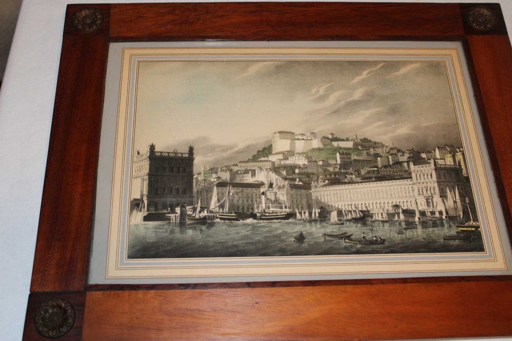 Gravura colorida, vista marítima, Terreiro do Paço, Pós terramoto 1755