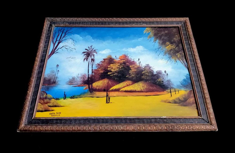 Pintura Angola 1979 emoldurada e assinada por Enzo
