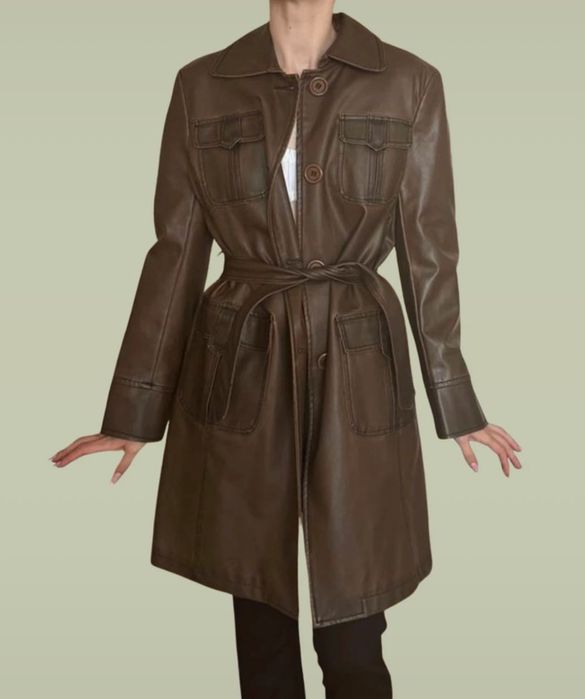 Brązowy trencz ze skóry ekologicznej w stylu vintage