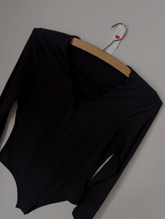 Body damskie, czarne, seksowne, prążkowane, długi rękaw, 40, L, Shein