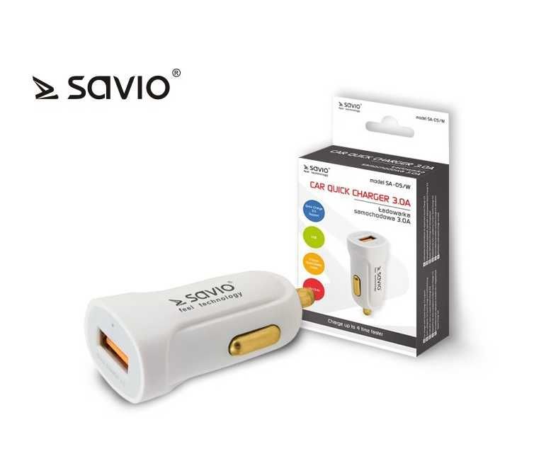 Ładowarka samochodowa USB Savio 3000 mA biała polska marka