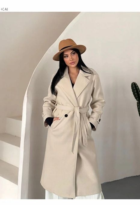 Długi beżowy płaszcz z miękkiej tkaniny elegancki l 5ia