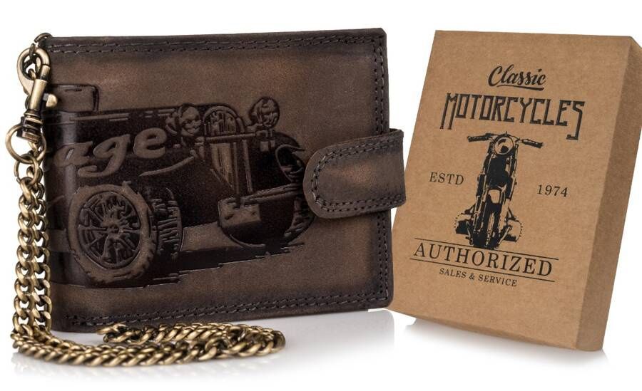 duży, skórzany portfel męski na zatrzask z łańcuszkiem