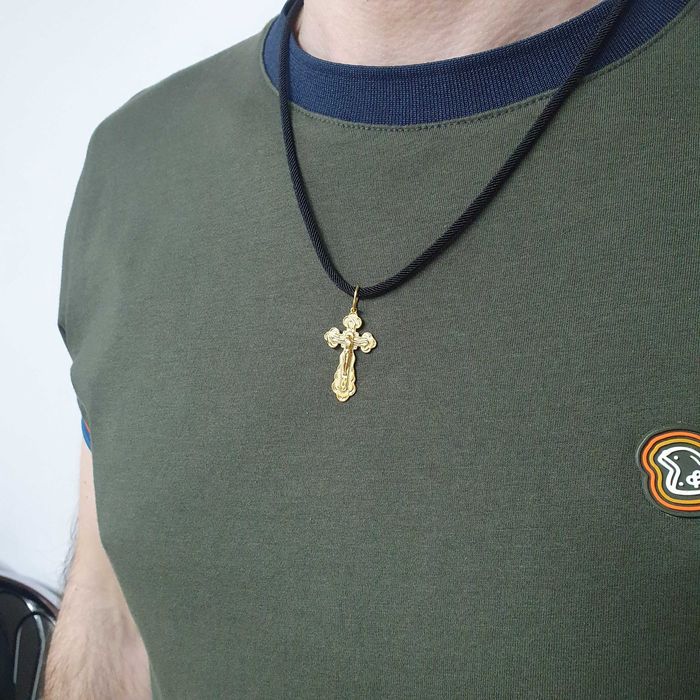 Середній срібний хрест чоловічий шовковий шнур 3 мм позолота 585