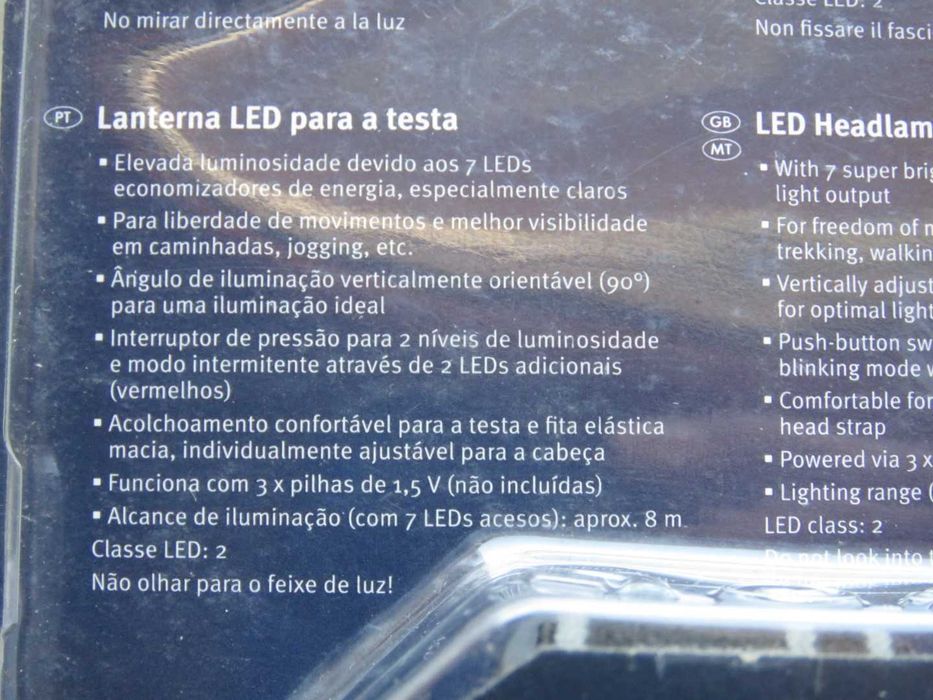 Lanterna Led para testa Crivit. 7 Leds. + 2 leds vermelhos. Angulo 90º
