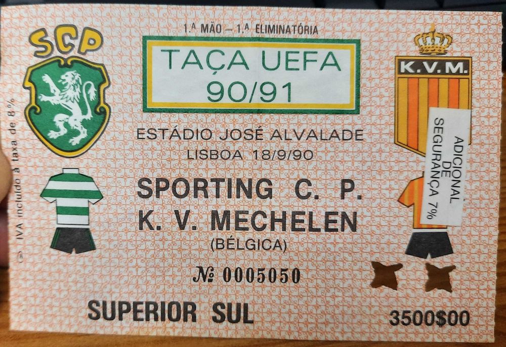 Bilhete futebol taça UEFA Sporting-K.V.Mechelen 90-91
