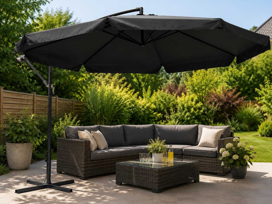 Okazja! Nowy parasol ogrodowy 350 cm z wysięgnikiem regulowany składany czarny z pokrowcem 242d