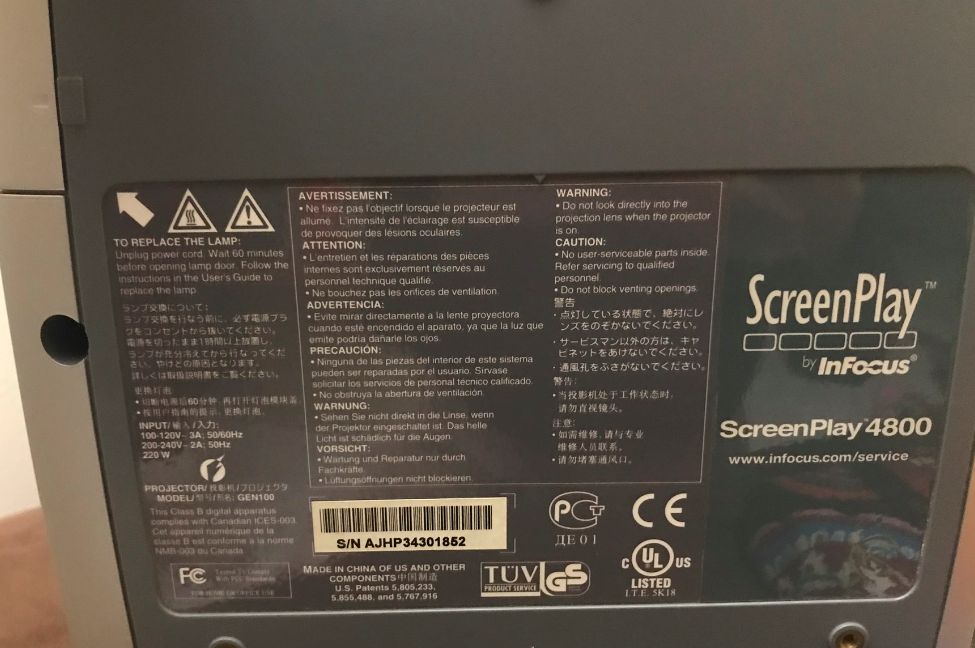 InFocus ScreenPlay 4800 Projector --> Lamp Burned Out64729682227969123