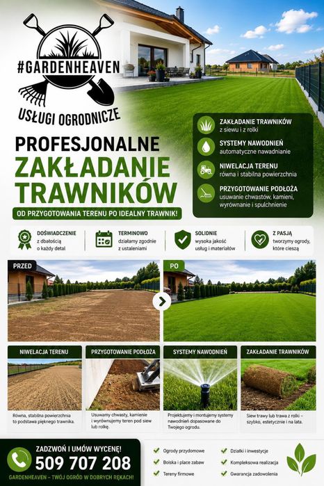 Zakładanie trawników, ogrodzenia panelowe , minikoparka, wywrotka 3.5