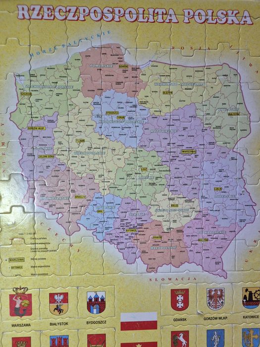 Puzzle mapa Polski z herbami miast