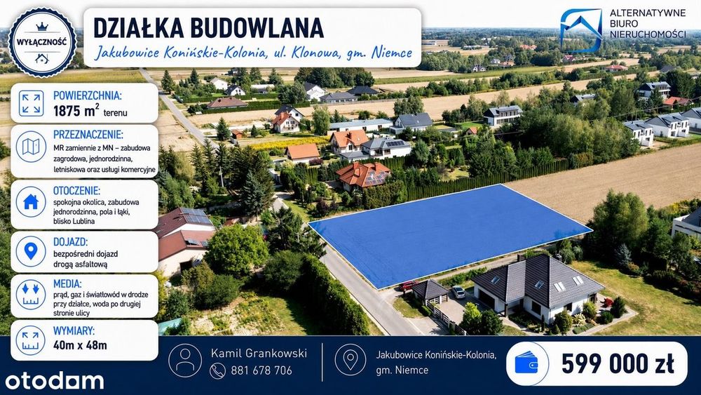 Działka 1875 m² Jakubowice - 15min od Lublina