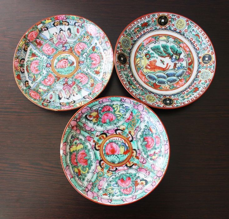 Antigos pratos e chávenas em porcelana casca de ovo fabricado em Macau