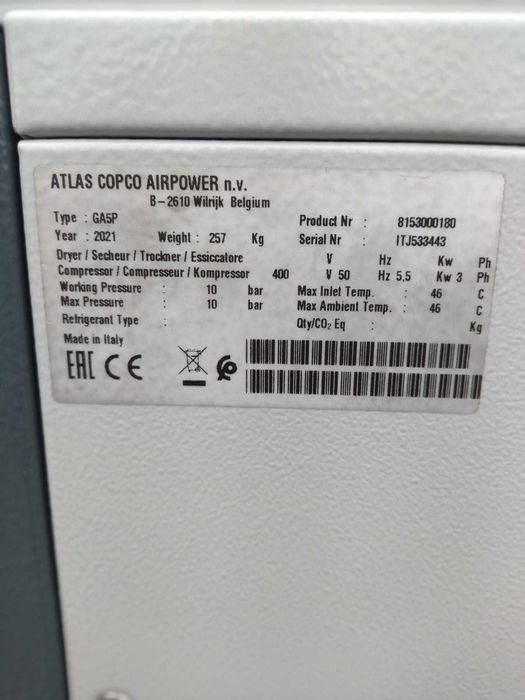 Sprężarka śrubowa Atlas Copco GA5P,5,5KW,S016276