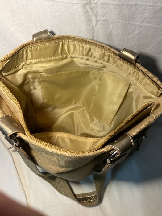 Mala “ GIADA” em tecido e pele com brilho dourado