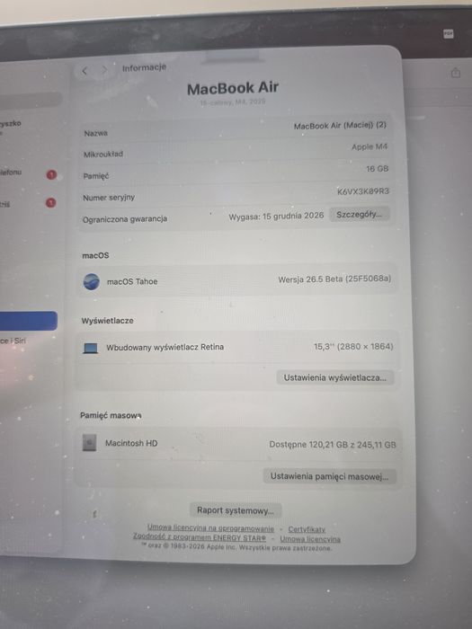 Macbook M4 2025 stan bardzo dobry  15 cali