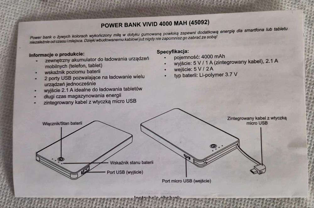 Внешний аккумулятор (power bank) модели VIVID 4000 mAh.