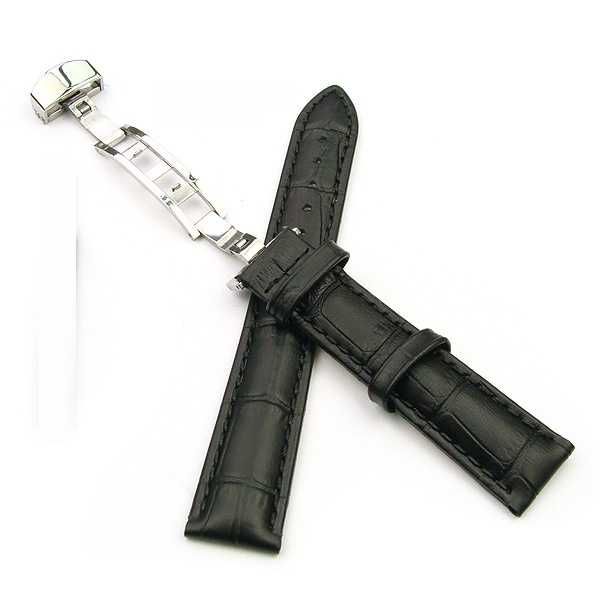 Skórzany pasek do zegarka 18mm czarny kroko klamra zapięcie motylkowe
