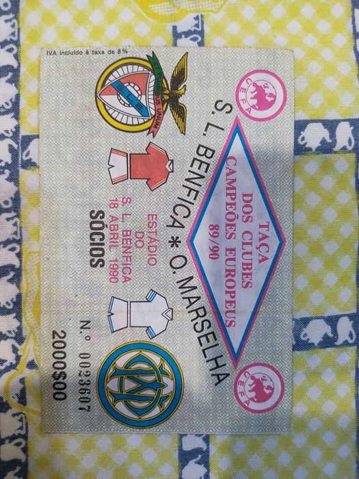 Bilhete Benfica Marselha 1990 taça de campeões