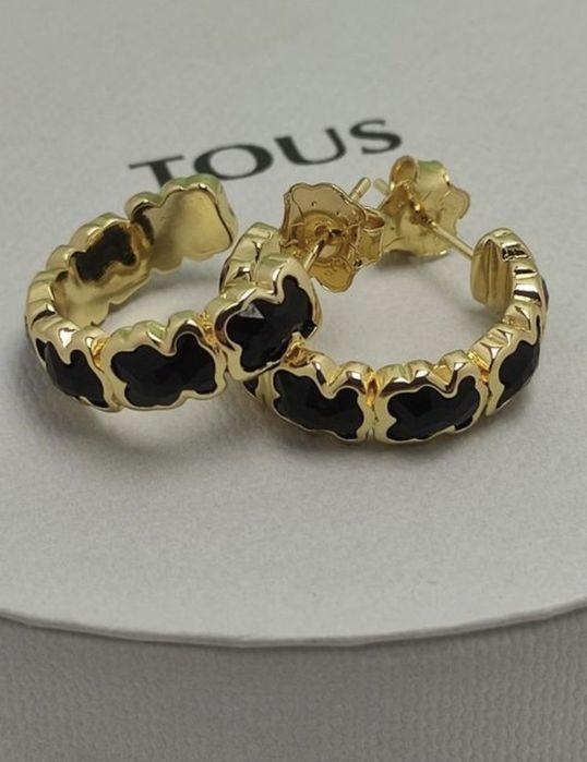 Kolczyki z misiem żółte srebro vermeil 925 z onyksem