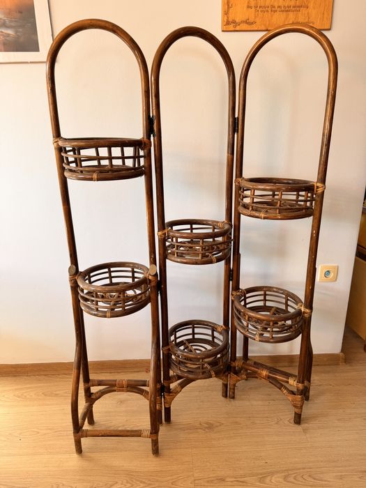 Kwietnik rattanowy skladany stojak na kwiatki rattan organizer prl