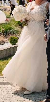 Wyjątkowa suknia ślubna kremowo-pudrowa + długi welon GRATIS 44 46 48