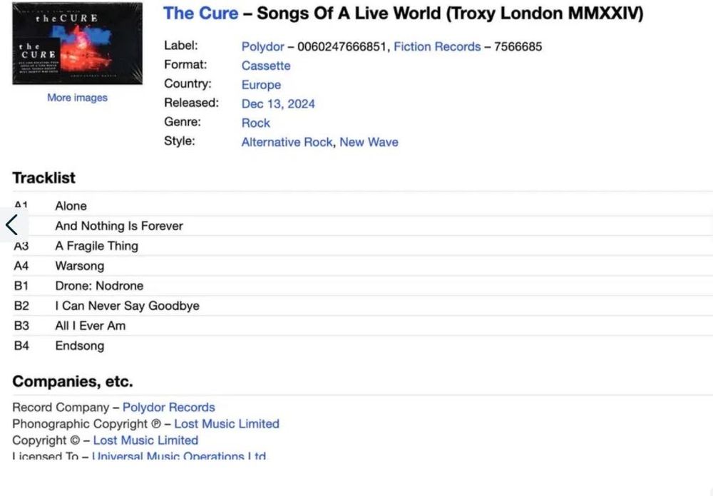 Kaseta The Cure Songs Of The Live World Troxy London MMXXIV Nowa!