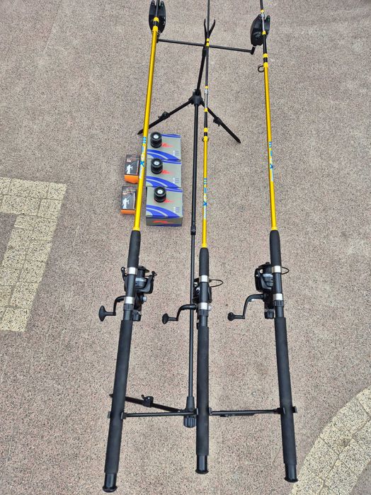 Nowe wędkarski PowerXO 3 wędki 2.1–3.0 m 100–250 g + 3 kołowrotki 5000 wolny bieg, mocny komplet karpiowo-sumowy do ciężkich połowów
