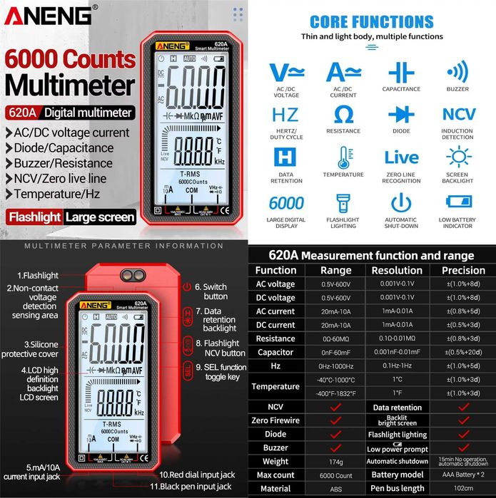 ANENG 620A 622A 628A 681 682 и 683 Smart тестер мультиметр AC/DC, NCV