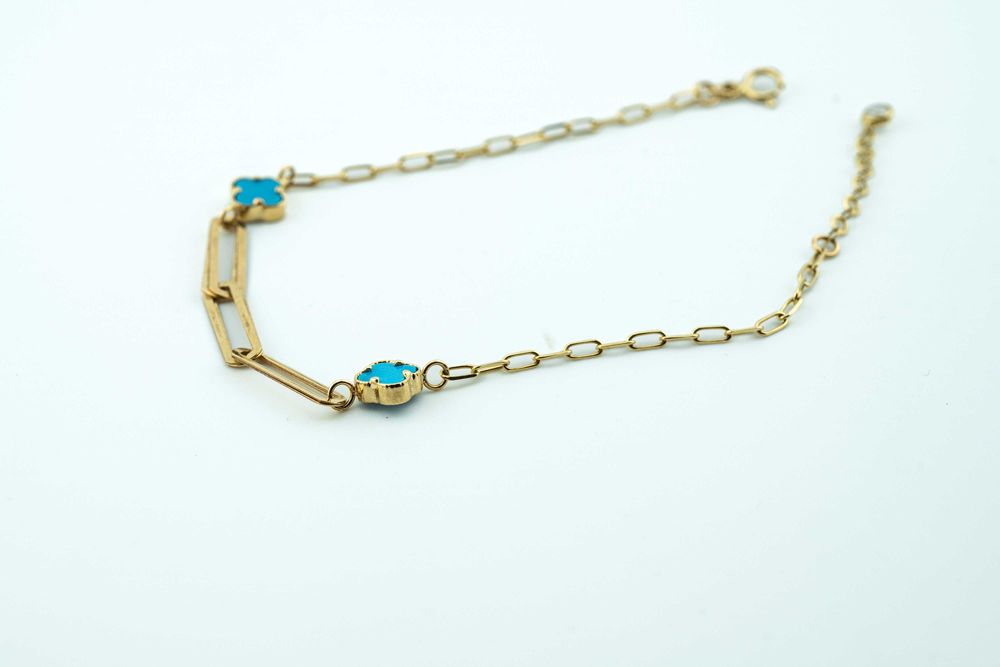 Piękna bransoletka spinacz paper clip niebieskie koniczynki złoto 585