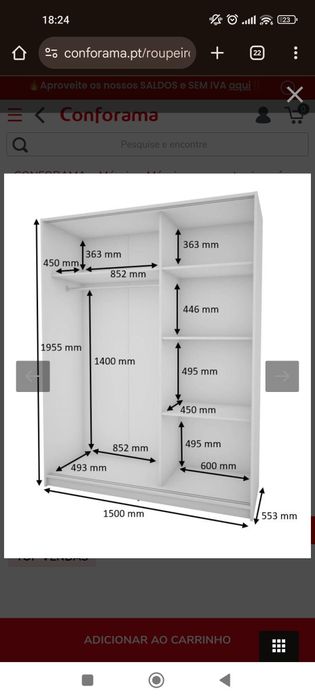 Roupeiro YORK Conforama portas deslizantes com espelho 150x195cm branc