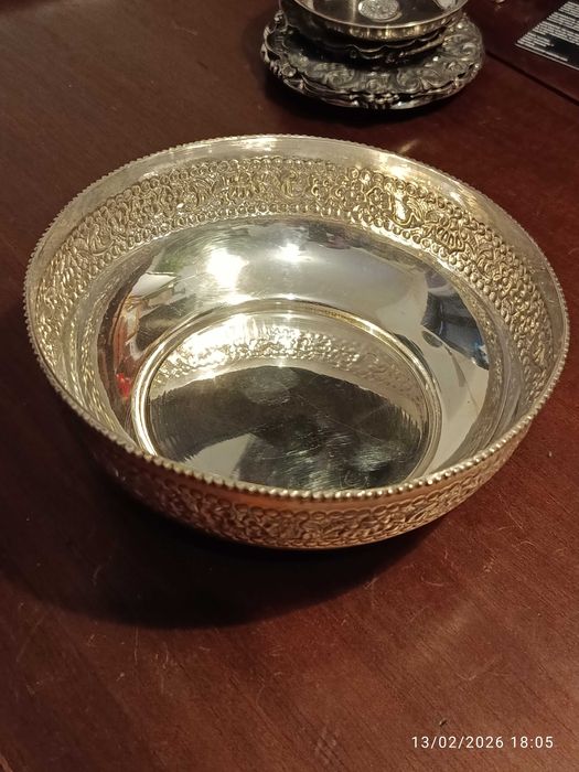Taça Tijela gravada Antiga Prata Contrastada 15,7 cm diâmetro 5,7 alt.