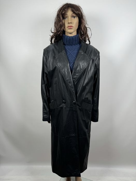 Długi czarny skórzany płaszcz prawdziwa skóra L