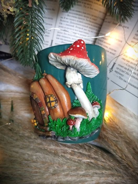 Чашка кружка полимерная глина подарок ручная Тыква Гриб Хеллоуин